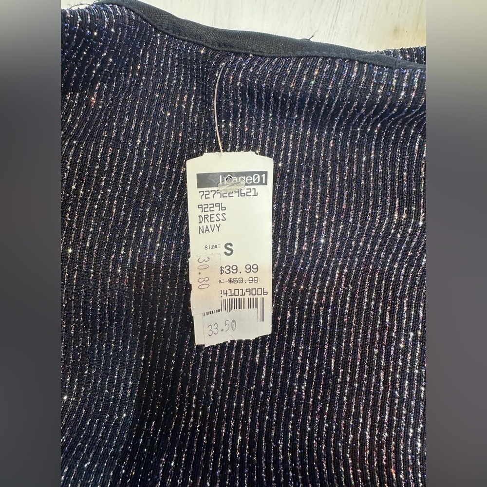 Y2K Navy Metallic Bodycon Dress Cowl Neck Night Out Glam Size S Made In USA - Picture 7 of 10